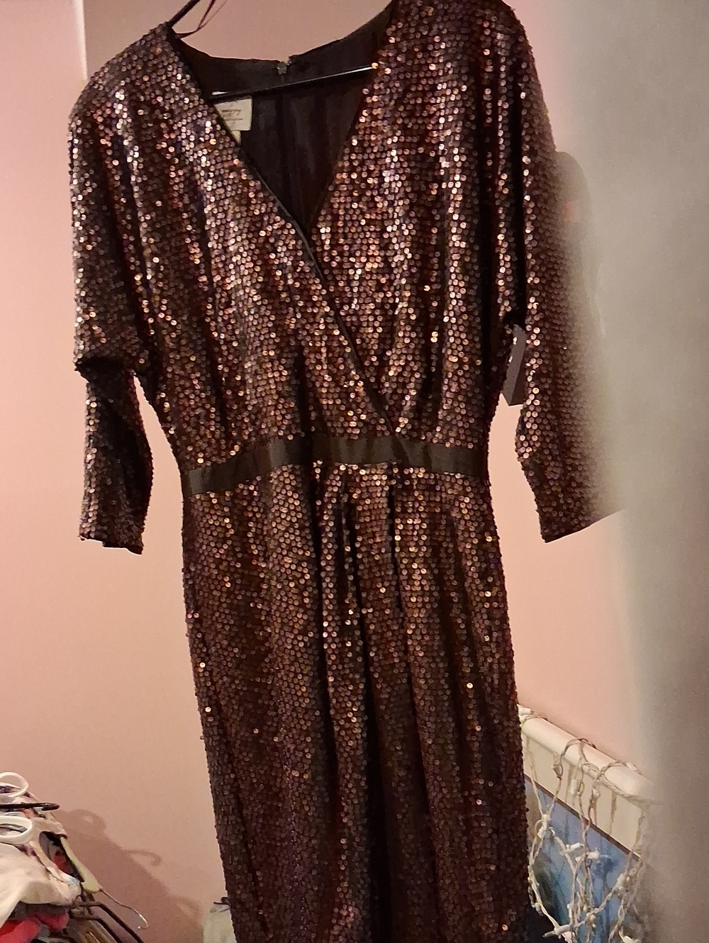 Bronze Sequin Wrap Long-Sleeve Midi Dress